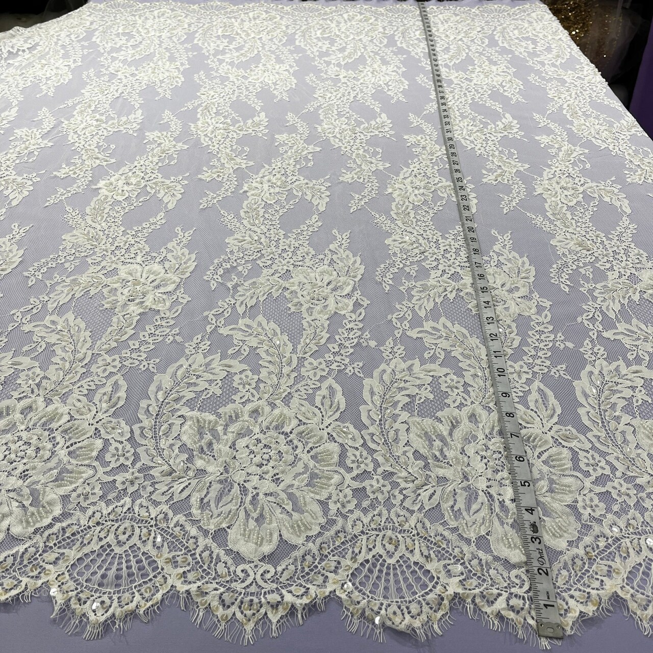3 Yards Beaded Chantilly Embroidered Lace Fabric with Eyelash Scallop 56" Wide Elegant Special Occasion Lace
